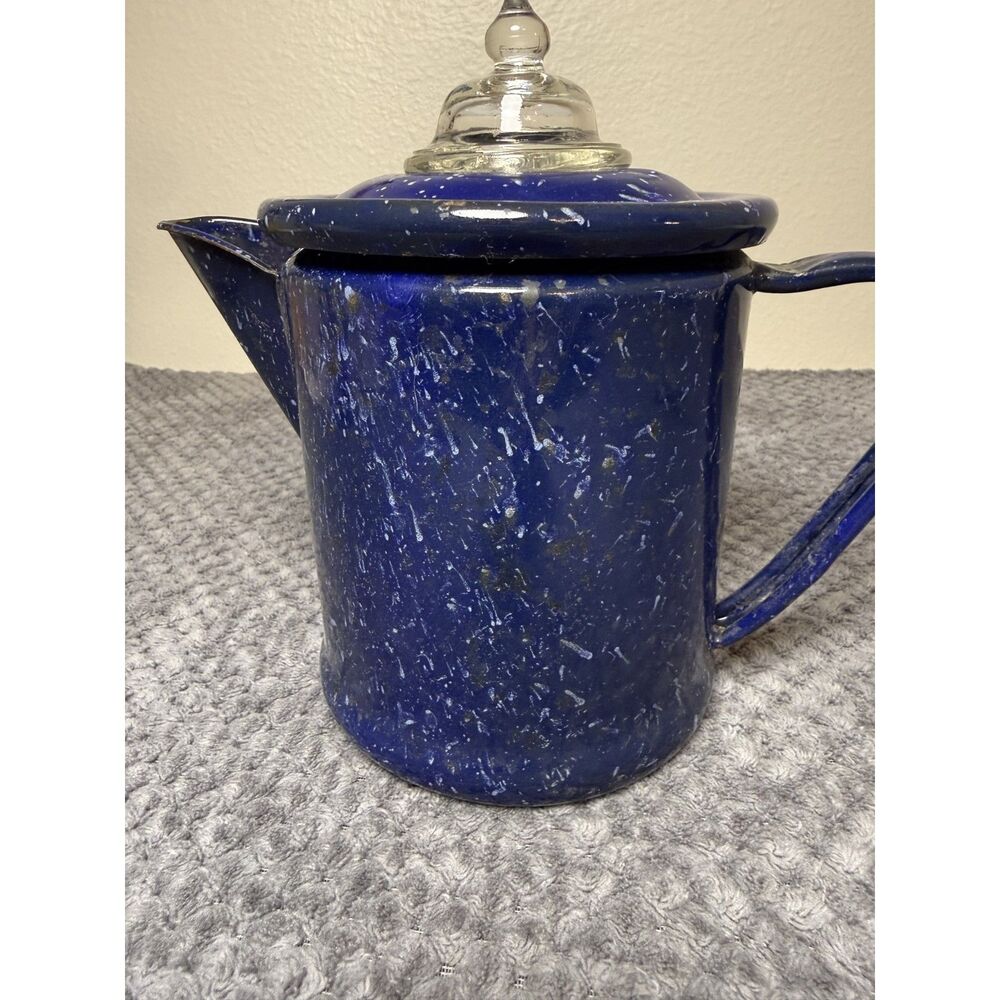 Vintage Blue Speckled Enamelware Coffee Pot Percolator
